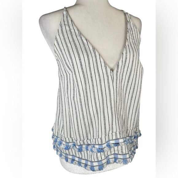SUBOO White & Baby Blue Striped Fringe Trim Boho Tank Top - Picture 2 of 7